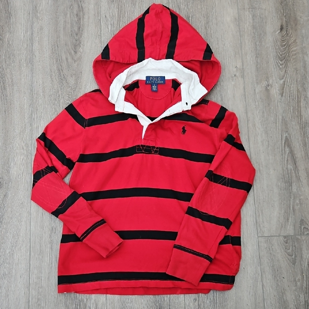 Polo by Ralph Lauren Red and Black Striped Hoosed Rugby Shirt Kids Size M(10/12)